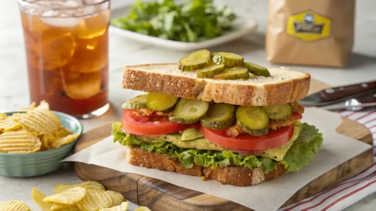 A delicious pickle sandwich served with chips and a drink.