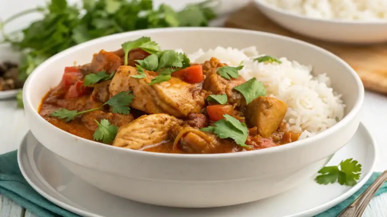 A bowl of pollo guisado served with rice and garnished with cilantro.