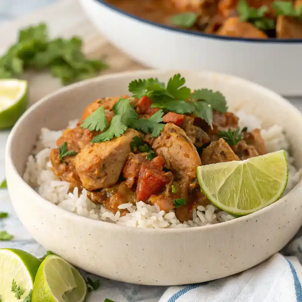 A bowl of pollo guisado served with rice, garnished with cilantro and lime wedges.