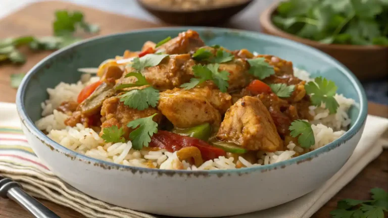 A bowl of pollo guisado served with rice and garnished with cilantro.