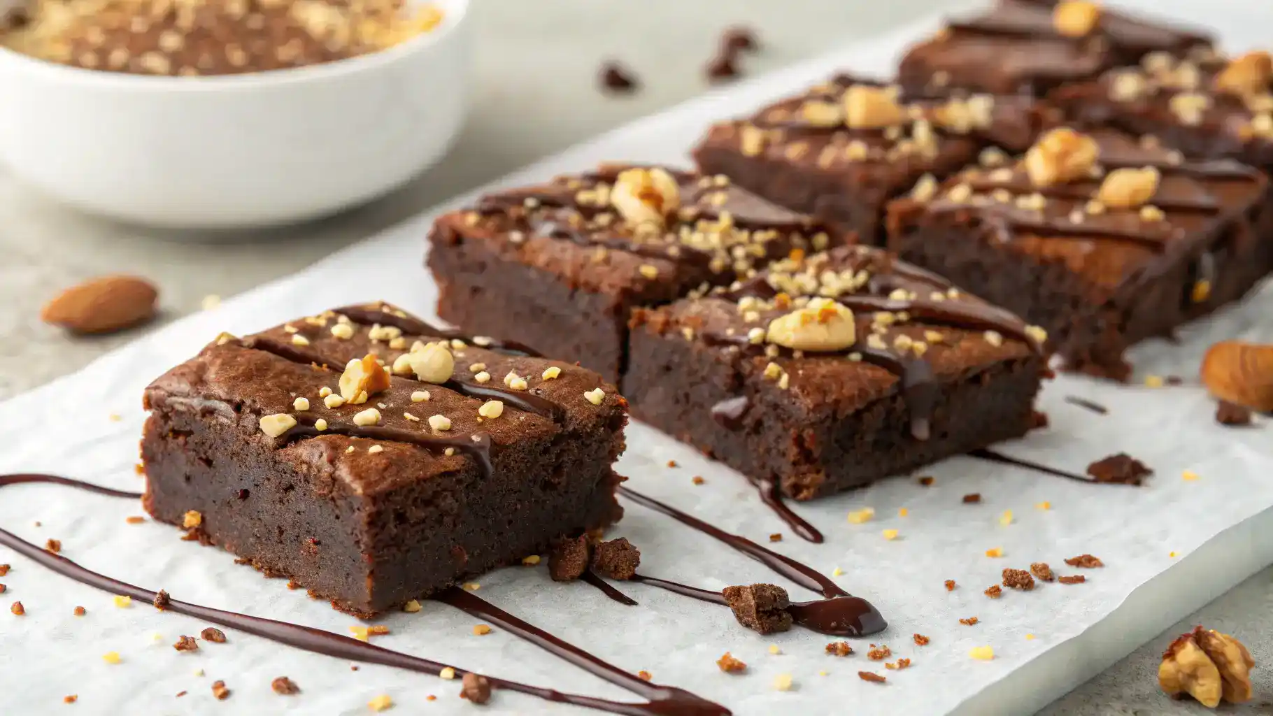 Freshly baked protein brownies topped with nuts and chocolate drizzle.
