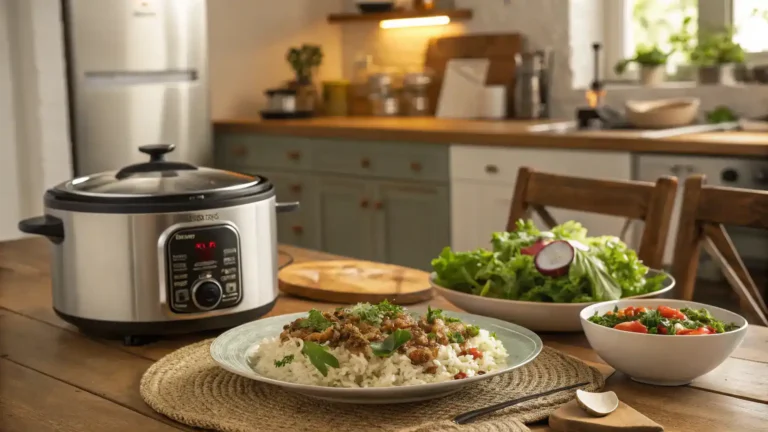 A beautifully plated rice cooker meal garnished with herbs and served with a salad.