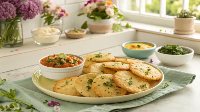 A plate of freshly baked rice crackers served with dips.