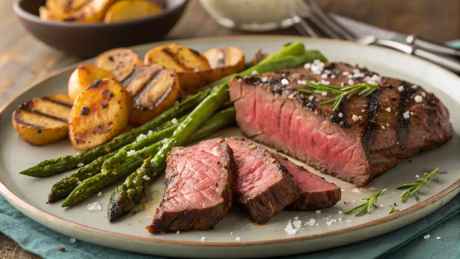 Deliciously grilled skirt steak steaks served with sides.