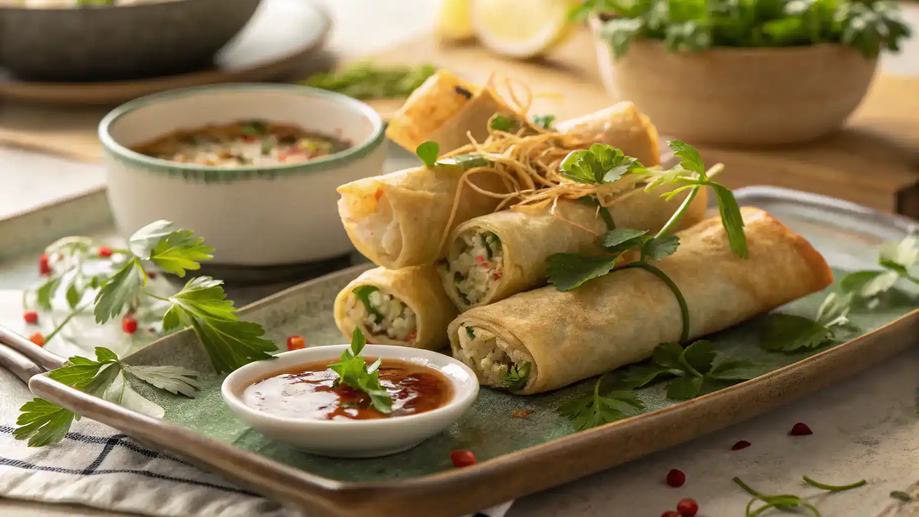 A platter of freshly made spring rolls served with dipping sauce.
