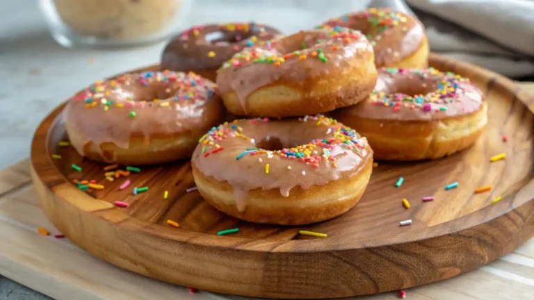 Freshly baked vegan donuts with colorful sprinkles.