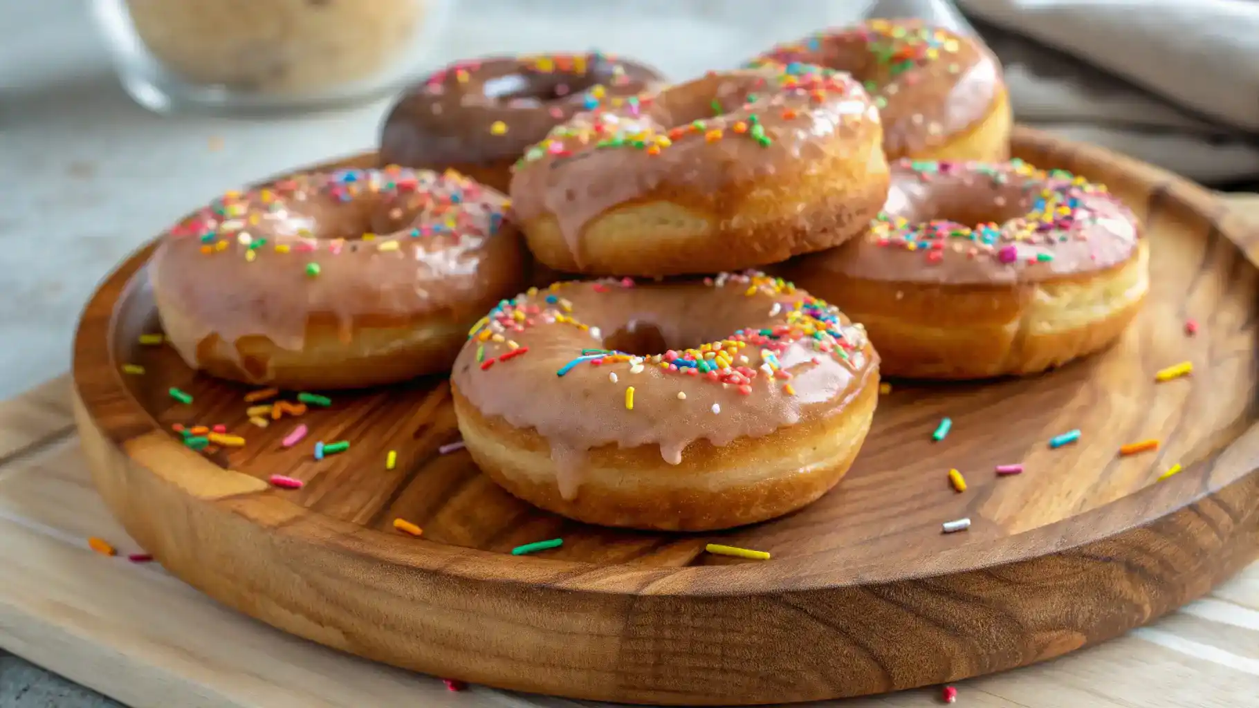 Freshly baked vegan donuts with colorful sprinkles.