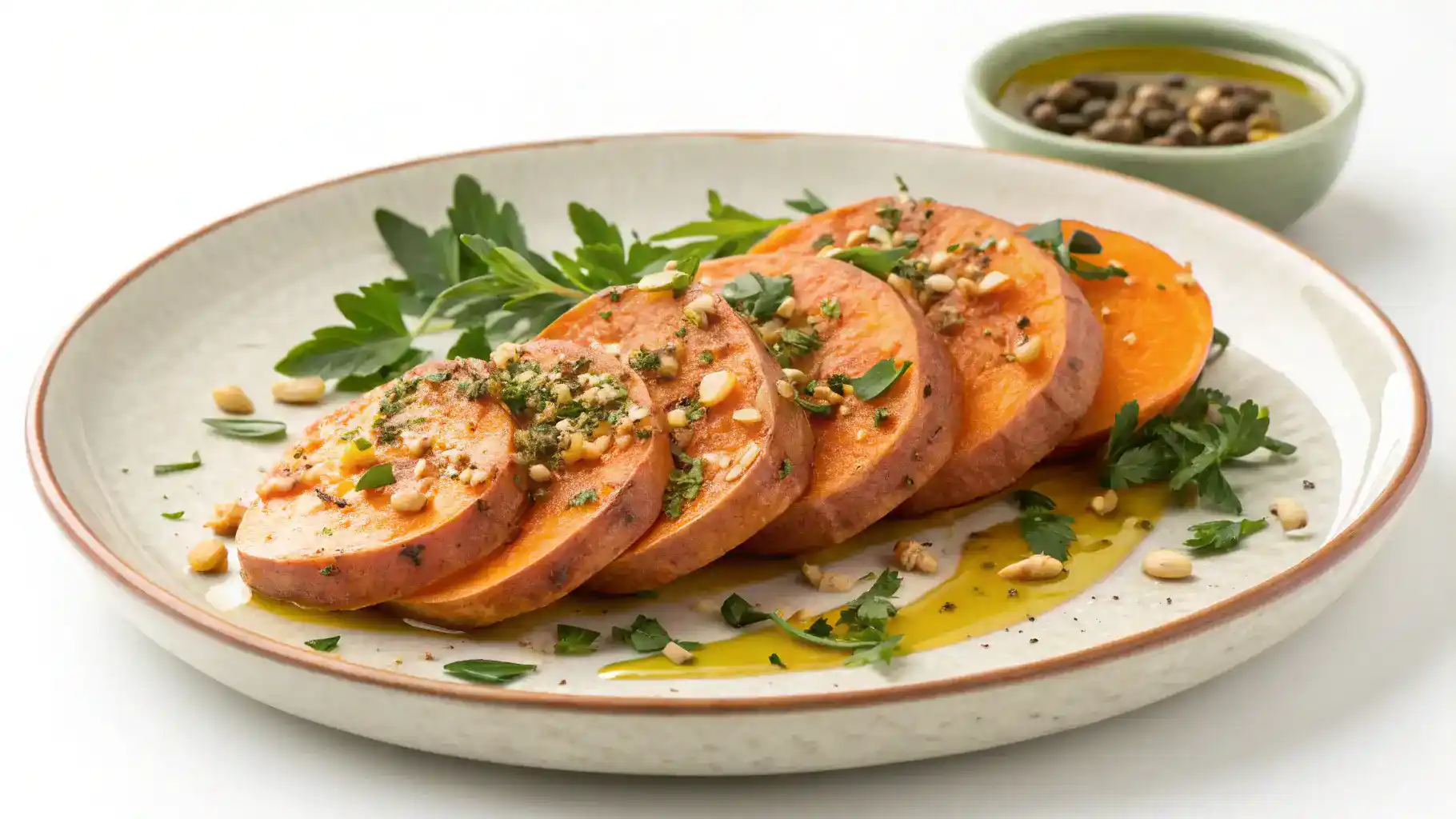 A beautifully plated dish featuring roasted white sweet potatoes, garnished with herbs and spices.