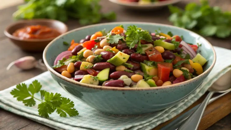 A beautifully plated dense bean salad garnished with fresh herbs.
