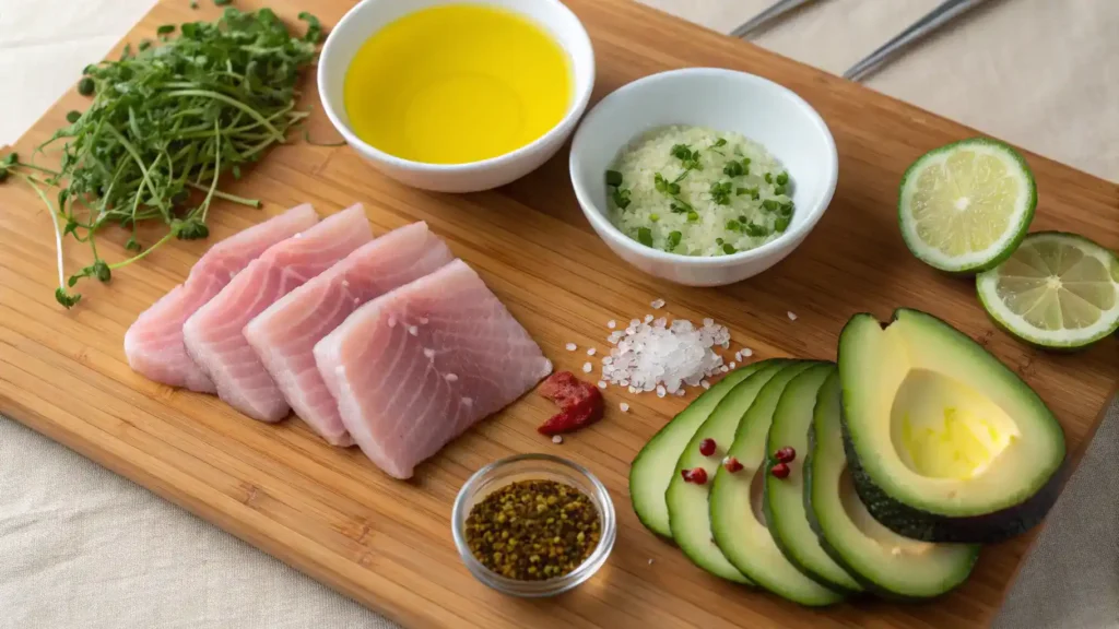 Ingredients for hamachi crudo displayed on a wooden cutting board.