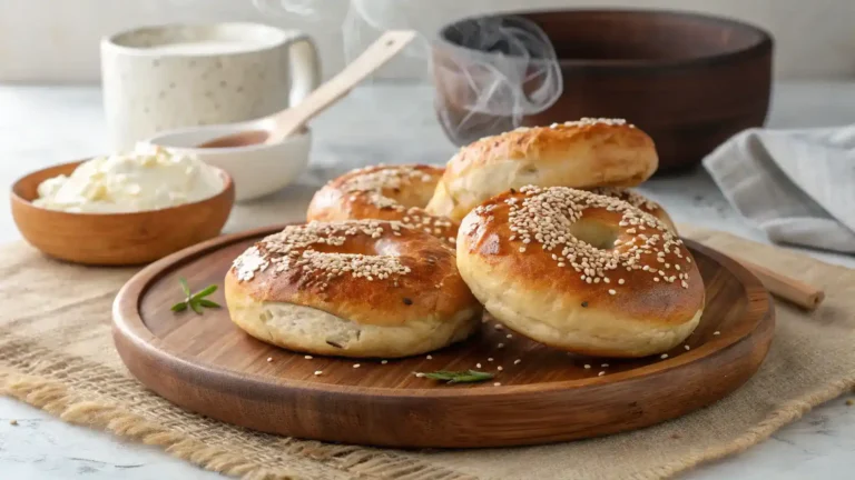 Freshly baked cottage cheese bagels topped with sesame seeds on a rustic plate.
