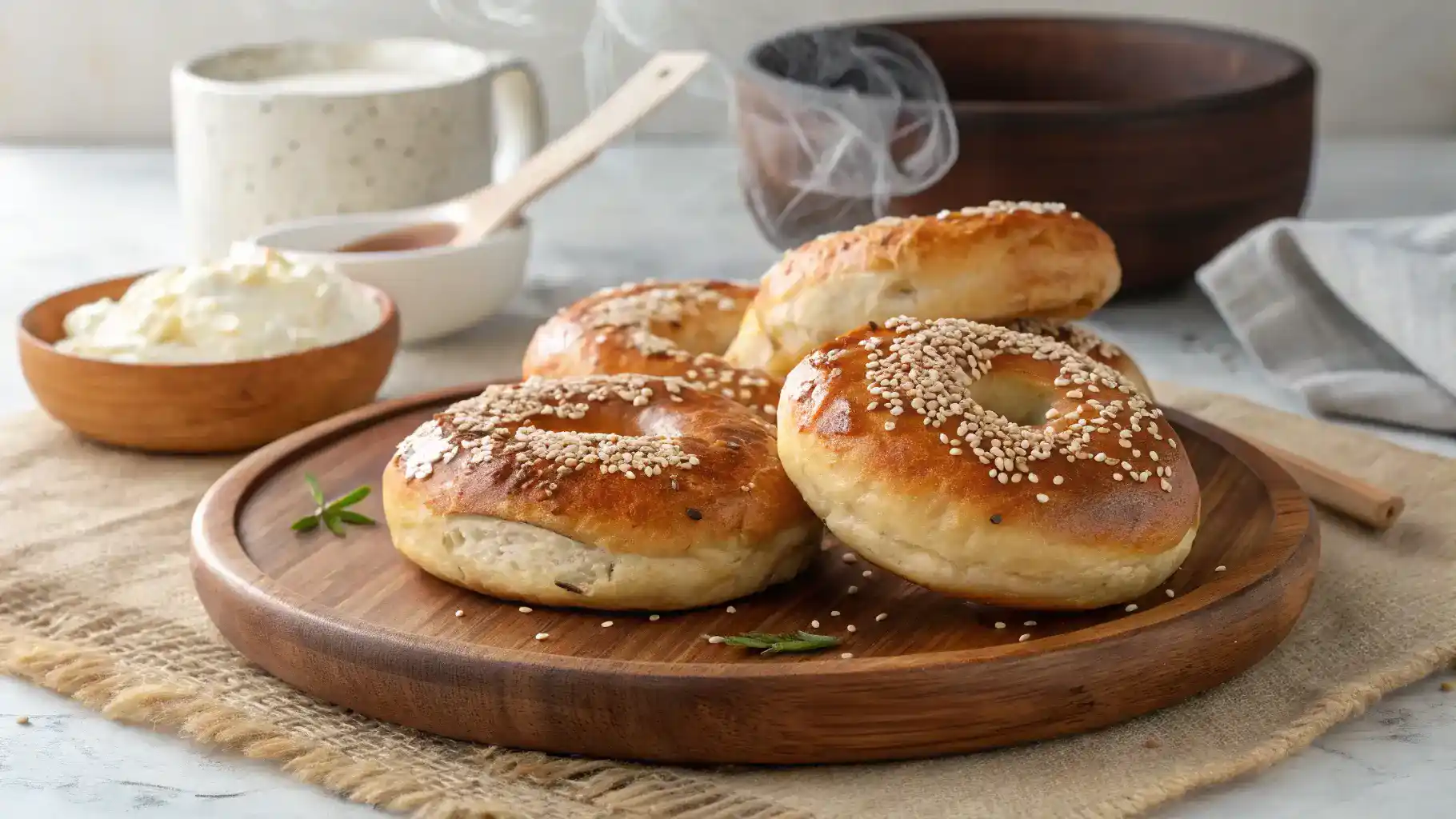 Freshly baked cottage cheese bagels topped with sesame seeds on a rustic plate.