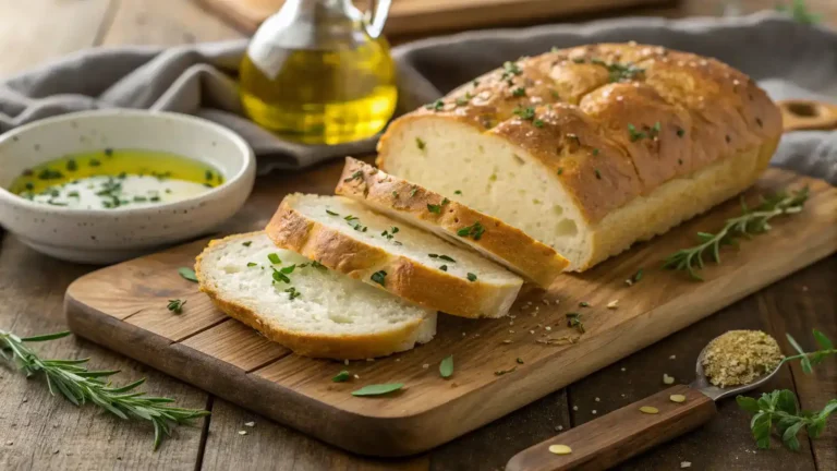 Freshly baked gluten free bread sliced on a wooden board.