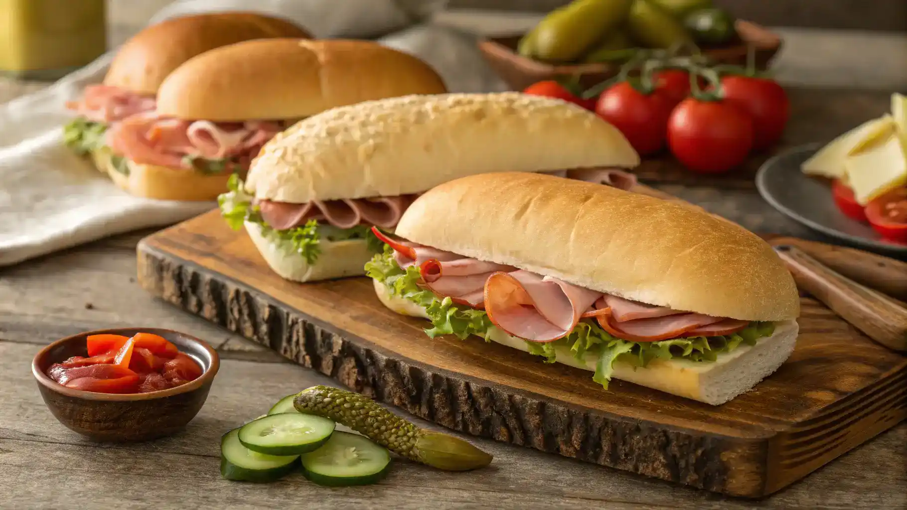 Freshly baked hoagie rolls on a wooden board with fillings.