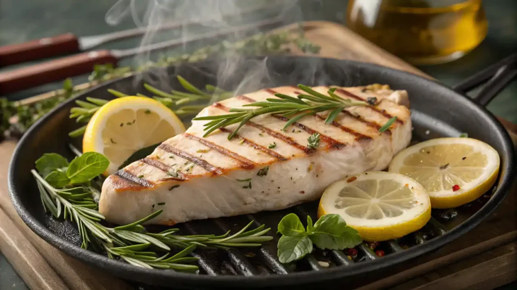Grilled swordfish steak garnished with fresh herbs and lemon slices on a white plate.
