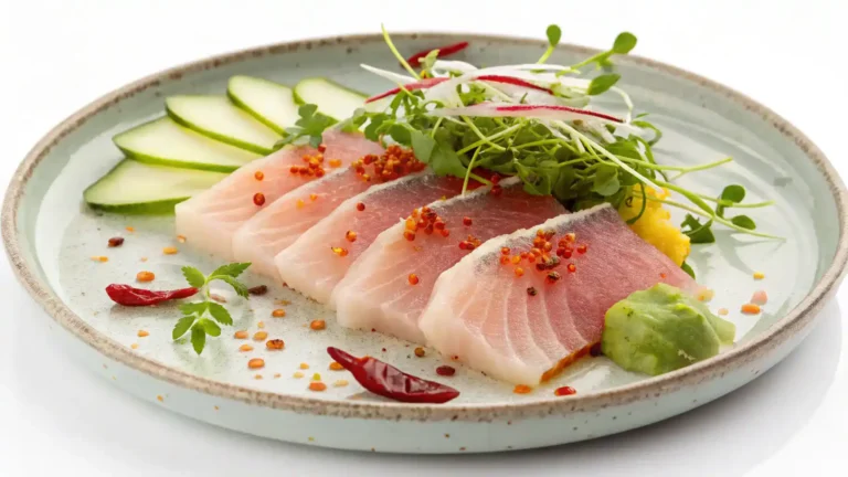 A plate of hamachi crudo showcasing its freshness and vibrant colors.
