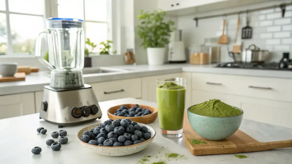A vibrant Blueberry Matcha smoothie being blended with fresh blueberries and matcha powder.