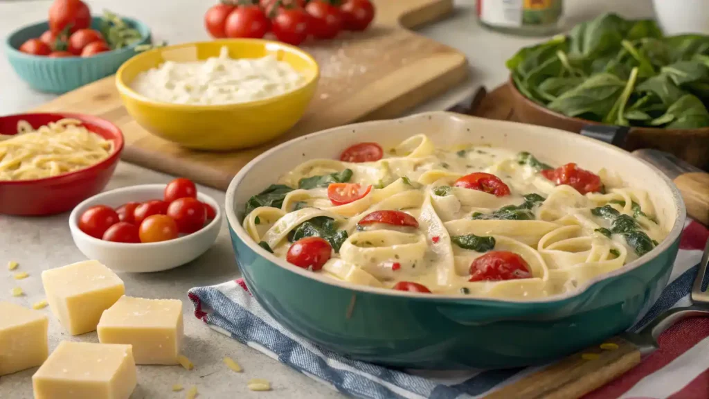 A creamy Boursin pasta dish with cherry tomatoes and spinach, garnished with black pepper.