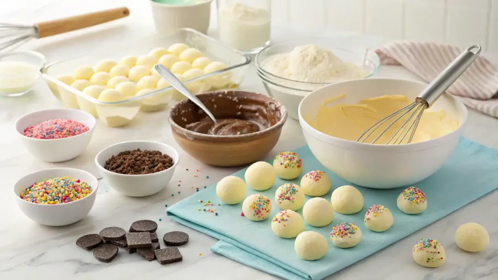 A step-by-step process of making cake and pops, including ingredients and tools.