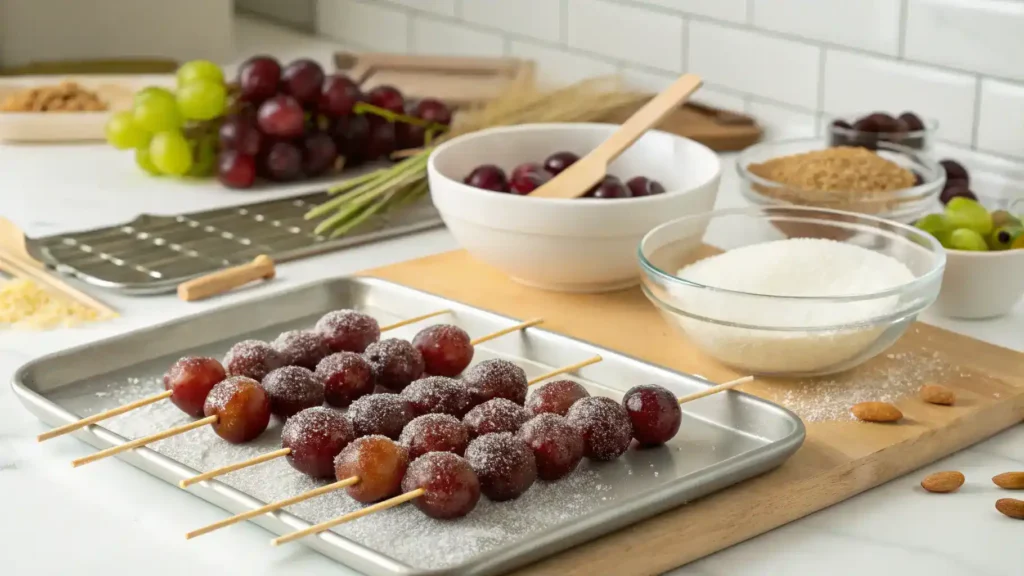A step-by-step process of making candy grapes with fresh grapes, sugar, and flavored gelatin.