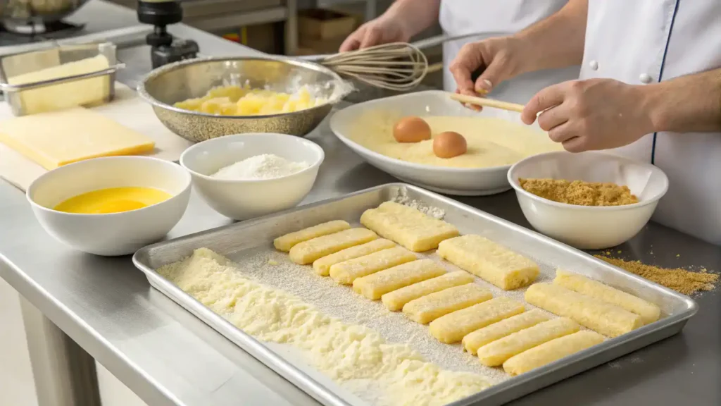 A step-by-step guide to making cheese sticks, showcasing ingredients and the breading process.