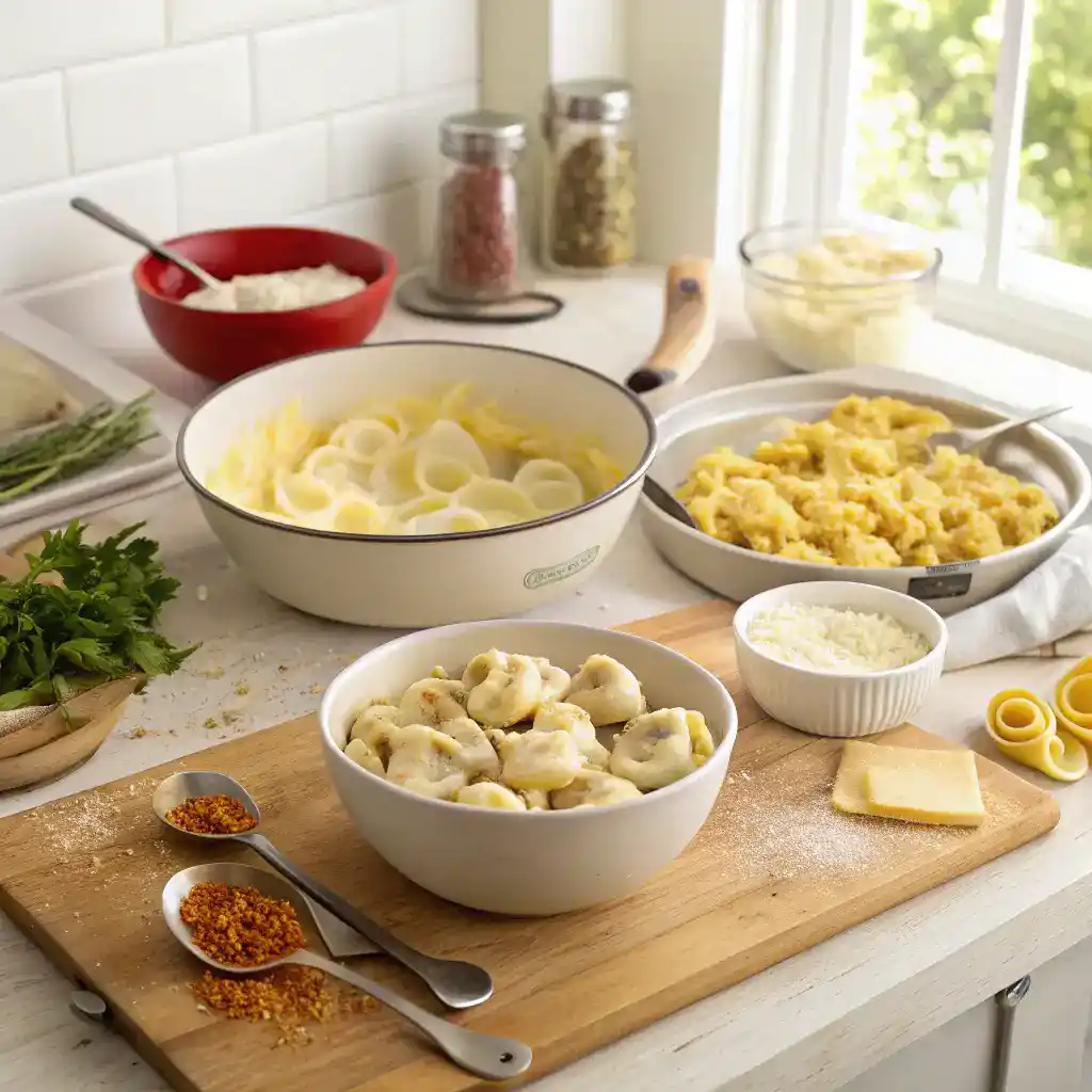 Step-by-step process of making Cheesy Chicken Tortellini with ingredients laid out.