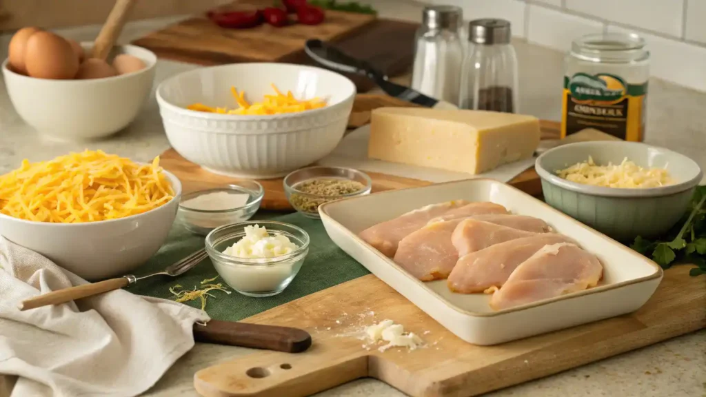 Step-by-step process of making Chicken Cheez with ingredients laid out.