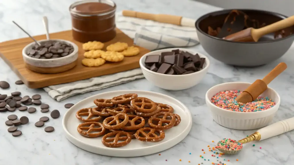 Step-by-step process of making chocolate covered pretzels with ingredients displayed.