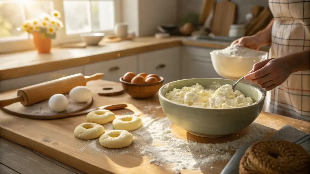 A step-by-step process of making cottage cheese bagels in a cozy kitchen.