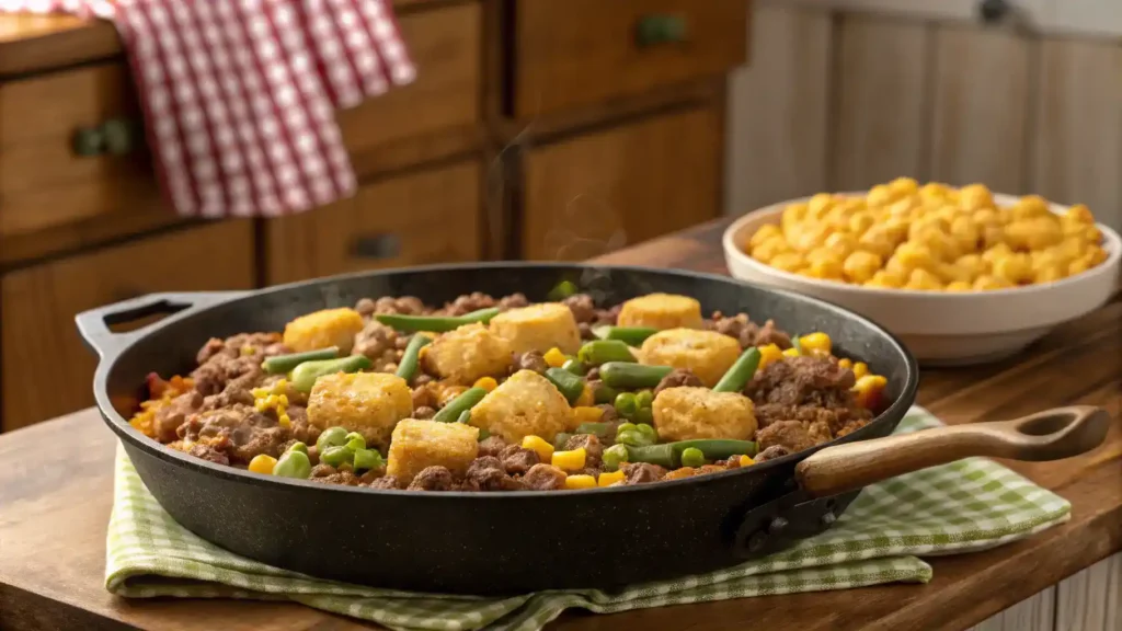 Ingredients for cowboy casserole being prepared in a skillet.