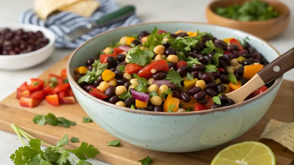 A colorful dense bean salad being mixed in a large bowl with fresh ingredients.