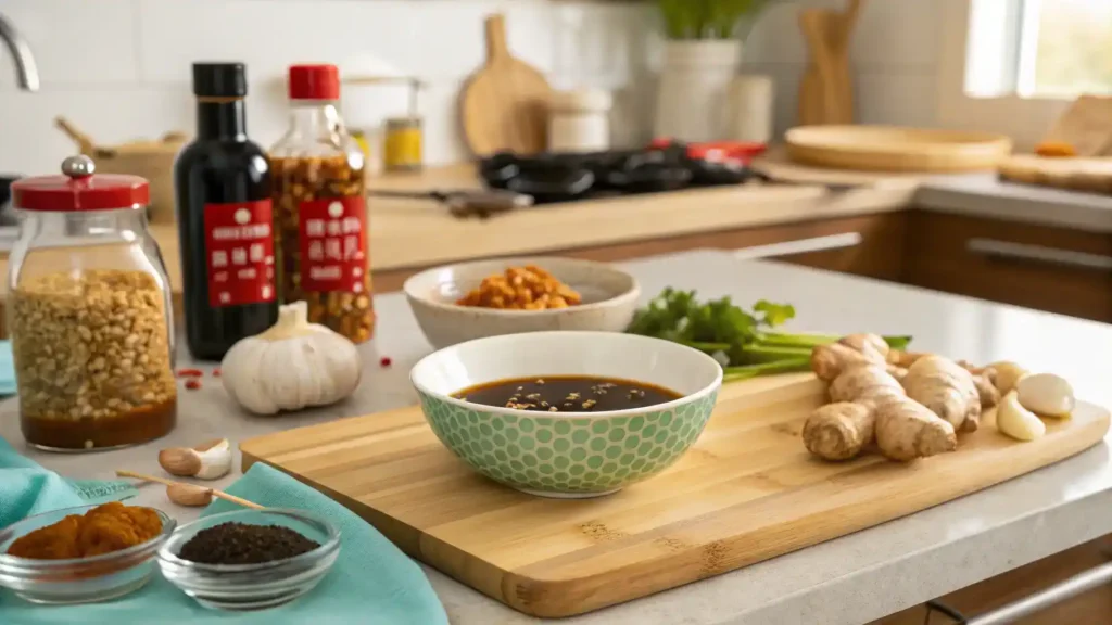 Ingredients and steps for making General Tso sauce displayed in a bright kitchen.