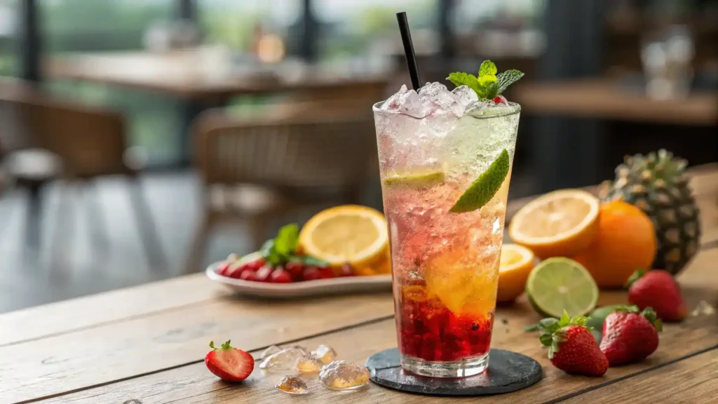 A tall glass of vibrant Italian soda with ice and fresh fruit garnishes on a wooden table.