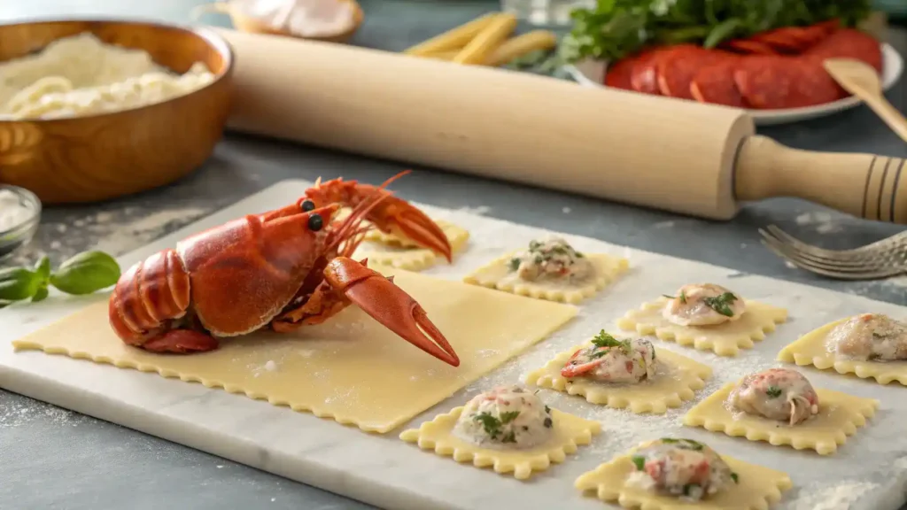 A step-by-step process of making lobster ravioli, including preparing the filling and rolling out the pasta.