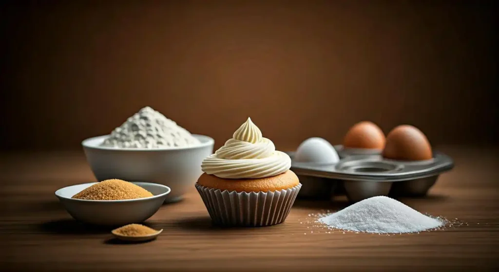 A beautifully arranged mini cupcake preparation scene with ingredients and baking tools.