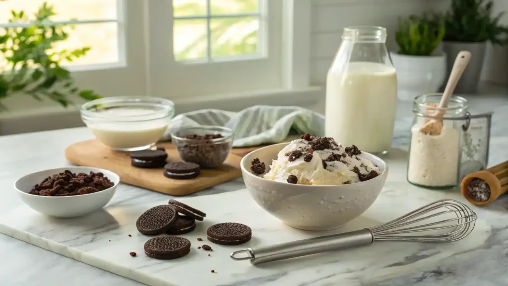 Ingredients and steps for making Oreo ice cream displayed in a bright kitchen.