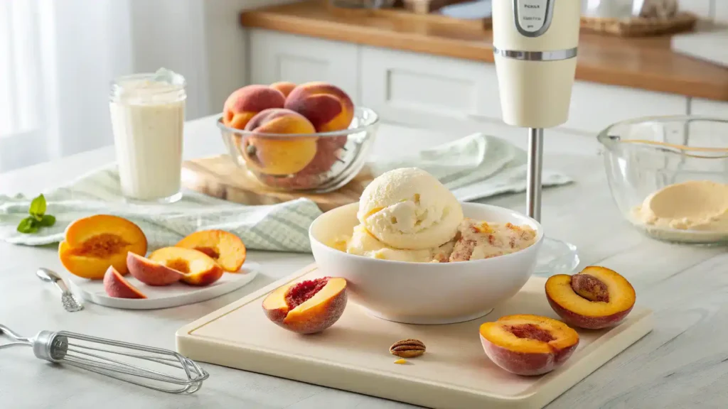 Ingredients and steps for making peach ice cream, including fresh peaches and cream.
