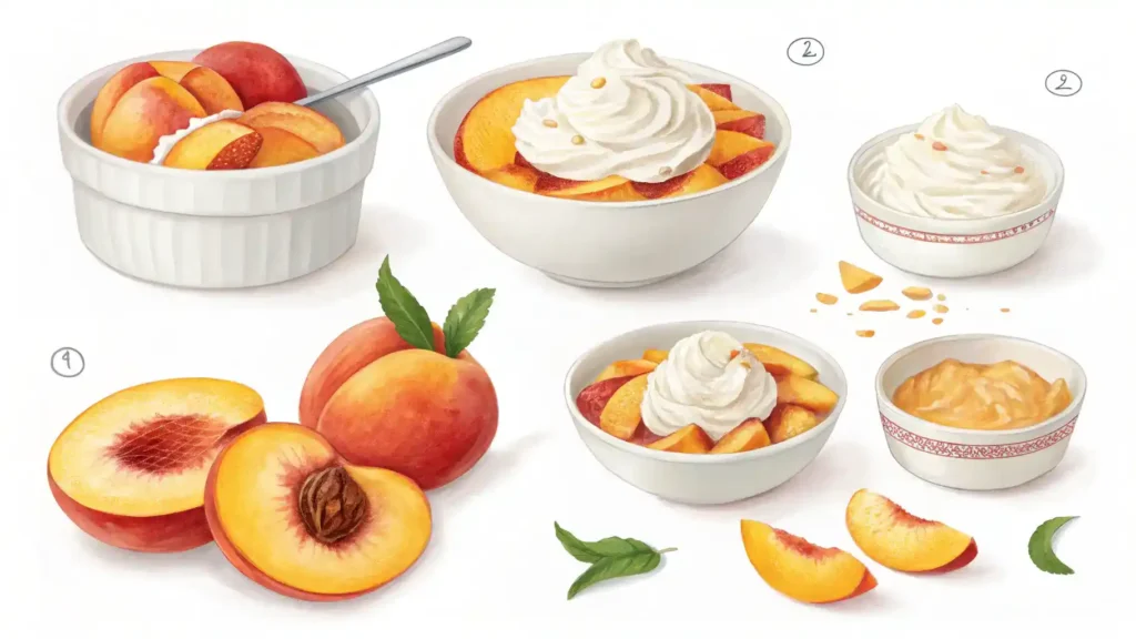 Step-by-step process of making peaches and cream dessert, featuring fresh peaches and whipped cream.