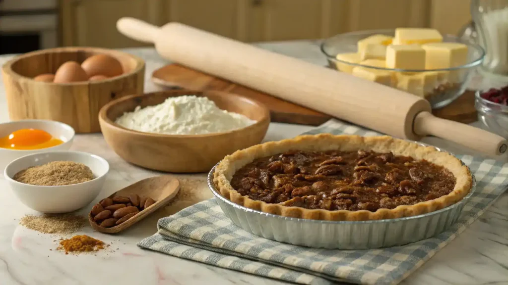 Step-by-step process of making pecan pie bars, including crust preparation and filling mixing.