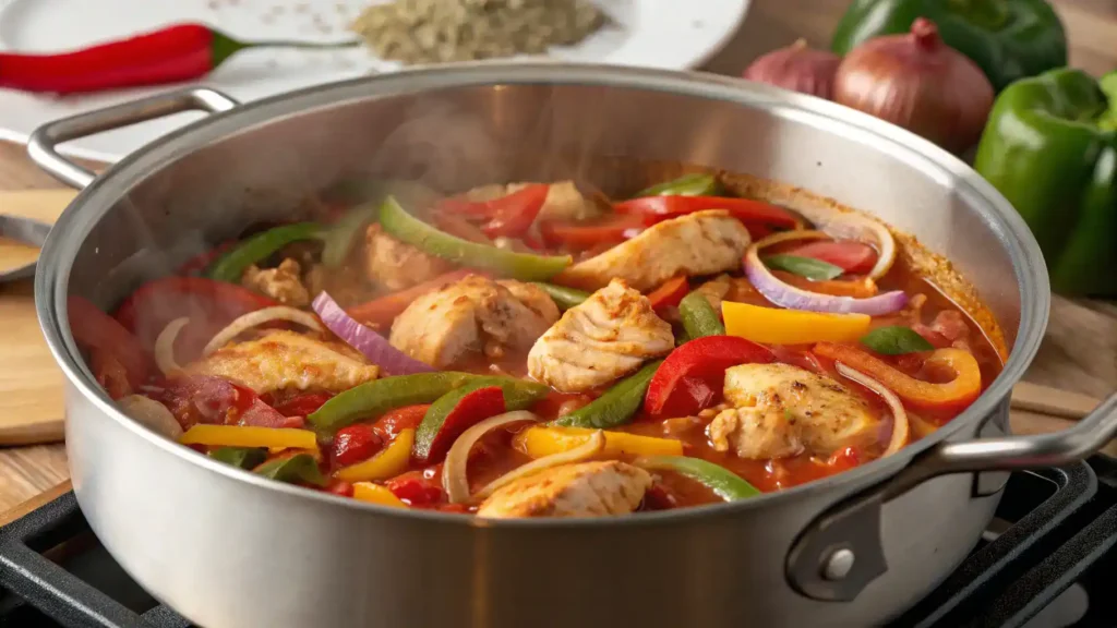 A pot of pollo guisado with colorful vegetables and chicken pieces simmering in a rich sauce.