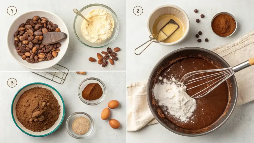 Step-by-step process of making protein brownies with ingredients displayed.