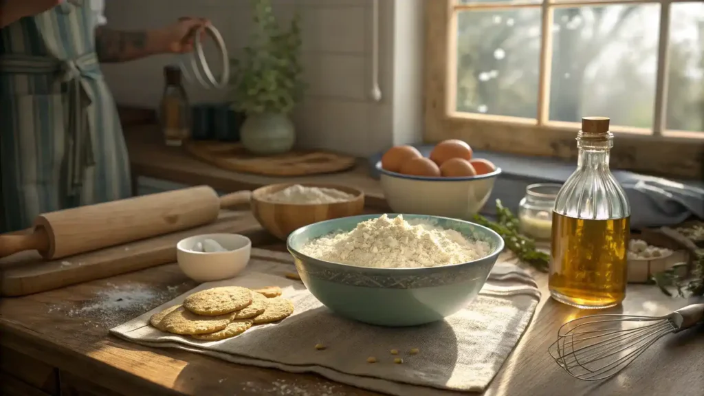 A step-by-step process of making rice crackers, showing ingredients and tools.