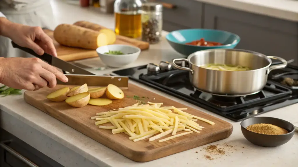 Step-by-step process of making shoestring fries, showcasing ingredients and preparation.