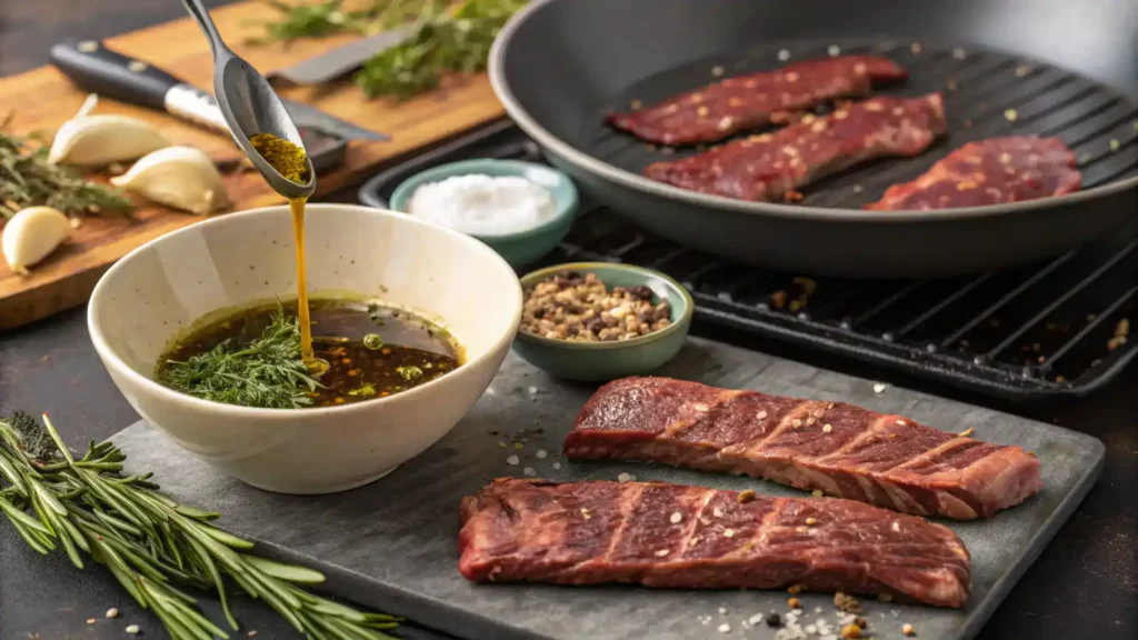 Step-by-step process of preparing skirt steak steaks, including marinating and grilling.