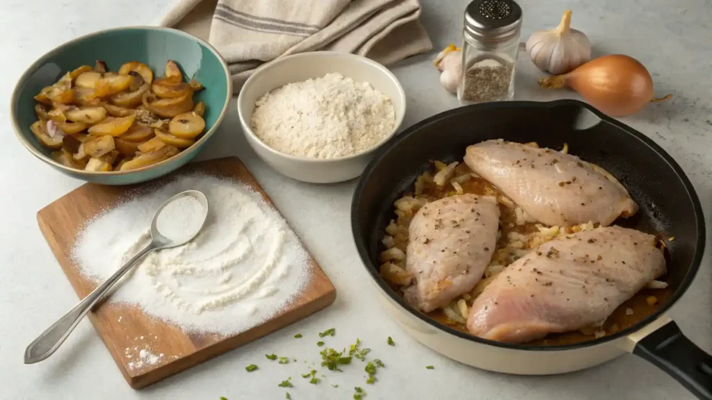 Step-by-step process of making smothered chicken with ingredients laid out.