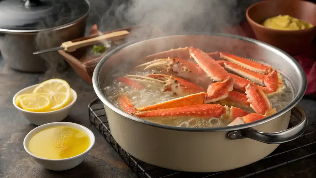 A pot of boiling snow crab legs with melted butter and lemon wedges.