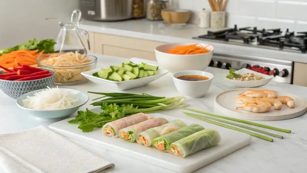 A step-by-step guide to making spring rolls, showcasing ingredients and preparation steps.