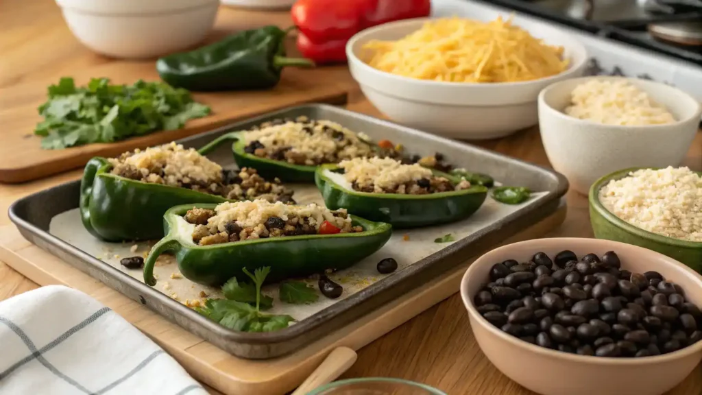 Step-by-step cooking process for stuffed Chile Poblano peppers with fresh ingredients.