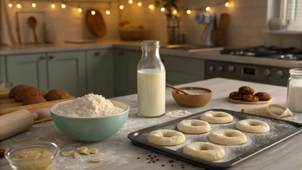 Step-by-step process of making vegan donuts with ingredients displayed.