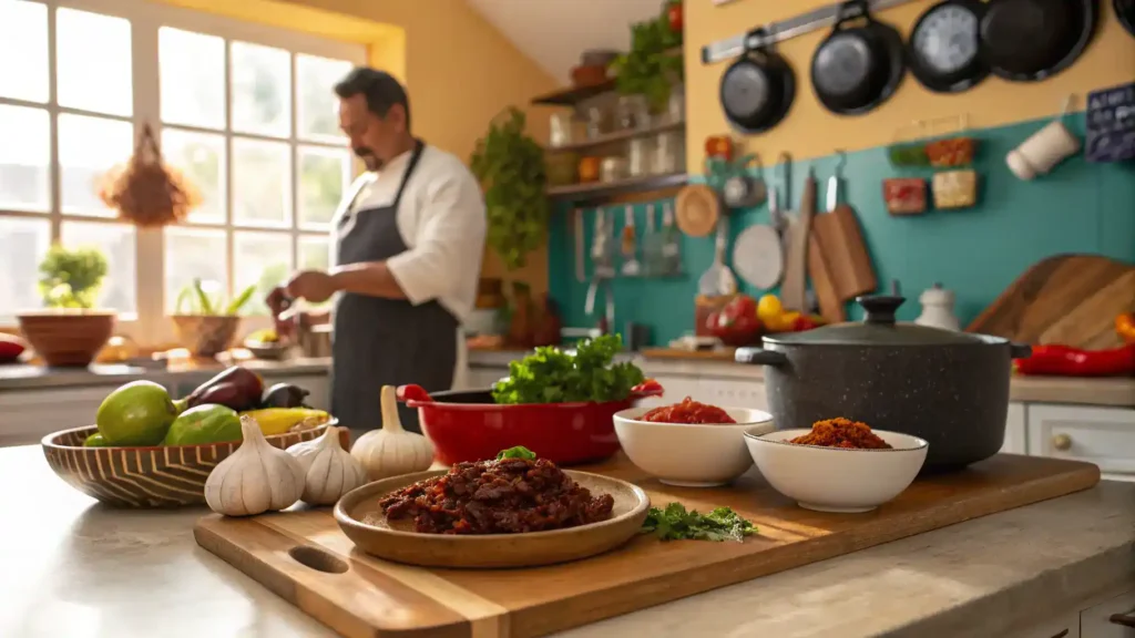 A step-by-step guide to making a dish with Chile Ancho, showcasing ingredients and cooking process.